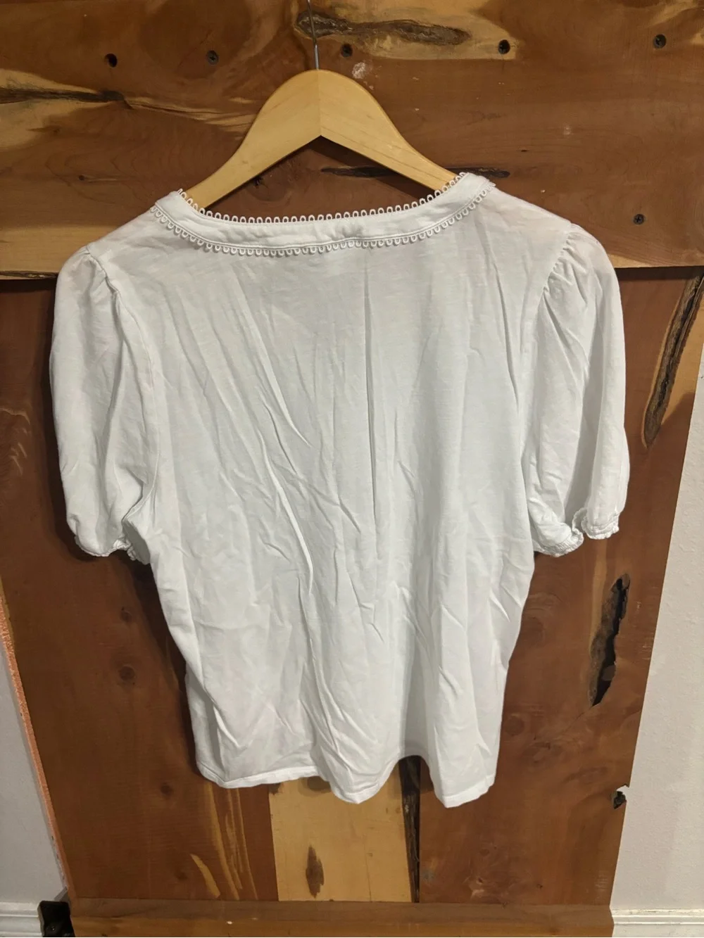 J. Crew Cream Puff Sleeve Henley Top with Lace Trim